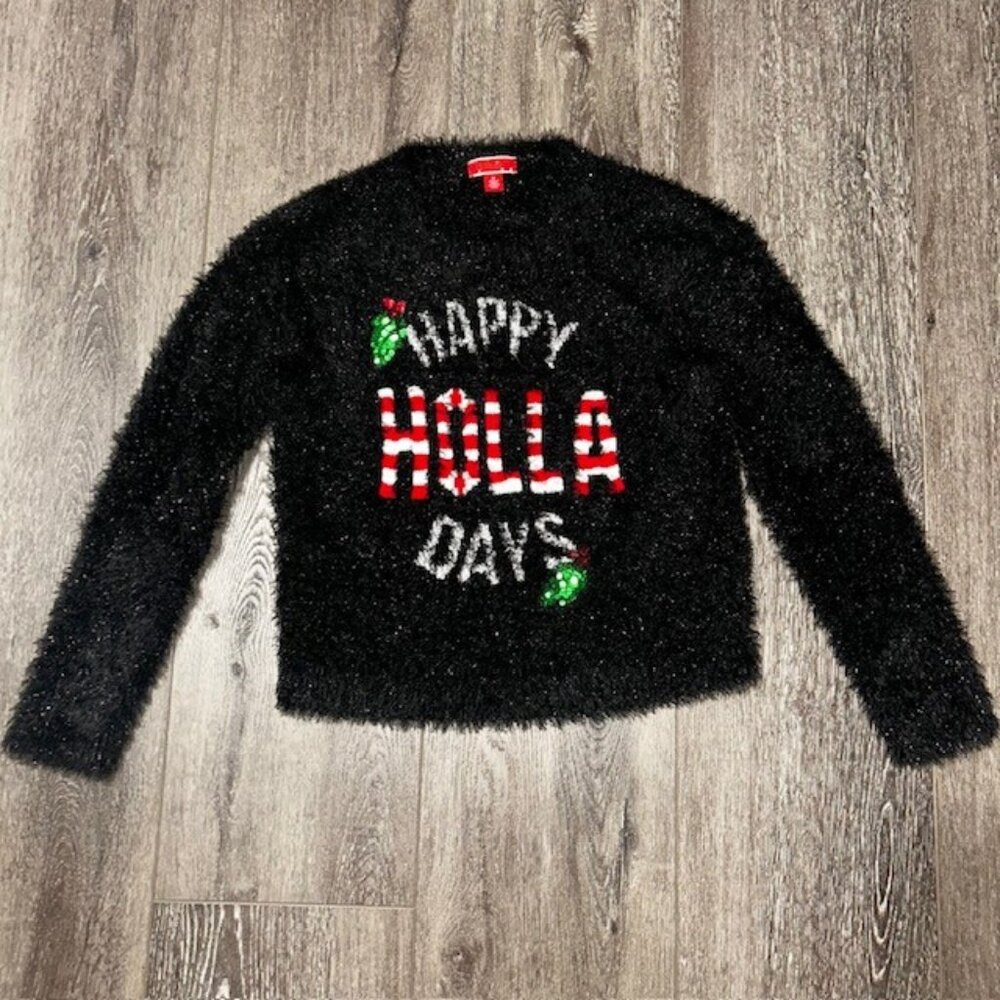 Holiday Sweater Happy Holla Days Black Ugly Christmas Fuzzy Sweater Size Medium